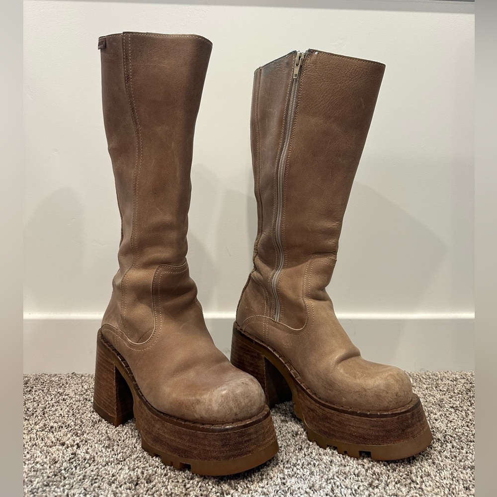 RARE Vintage 90s Destroy Platform Boots Tan 37, 6.5 Chunky Knee High Heels